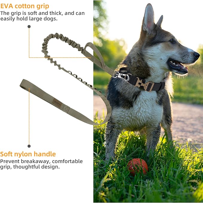 Excellent Elite Spanker Tactical Bungee Dog Leash Military Adjustable Dog Leash Quick Release Elastic Leads Rope with 2 Control Handle(Ranger Green)-PurrikoPets