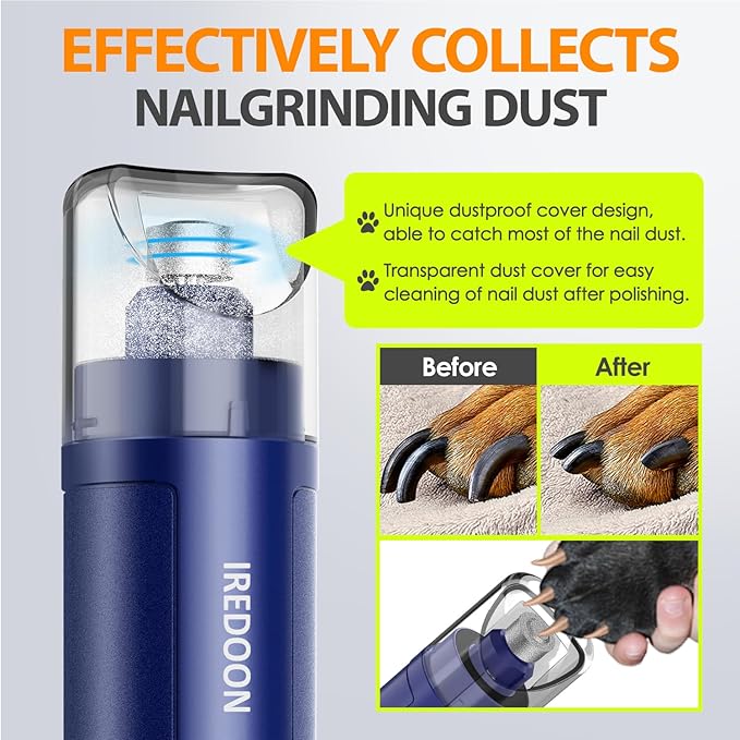 Dog Nail Grinder Upgraded - Professional 3-Speed Super Quiet and Low Vibration Electric Pet Nail Grinder with 4 LED Lights - Painless Paws Grooming & Smoothing for Small to Large Dogs (Blue)-PurrikoPets