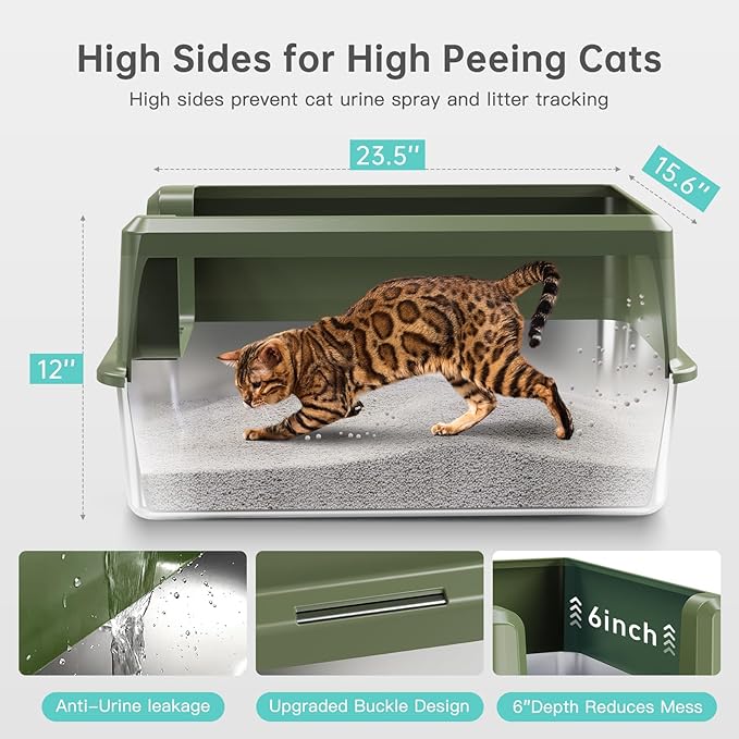 Enclosed Stainless Steel Cat Litter Box with Lid, XL Extra Large Litter Box for Big Cats, Metal Litter Pan High Sided, Never Absorbs Odors, Anti-Urine Leakage, Include Scoop (Green)-PurrikoPets