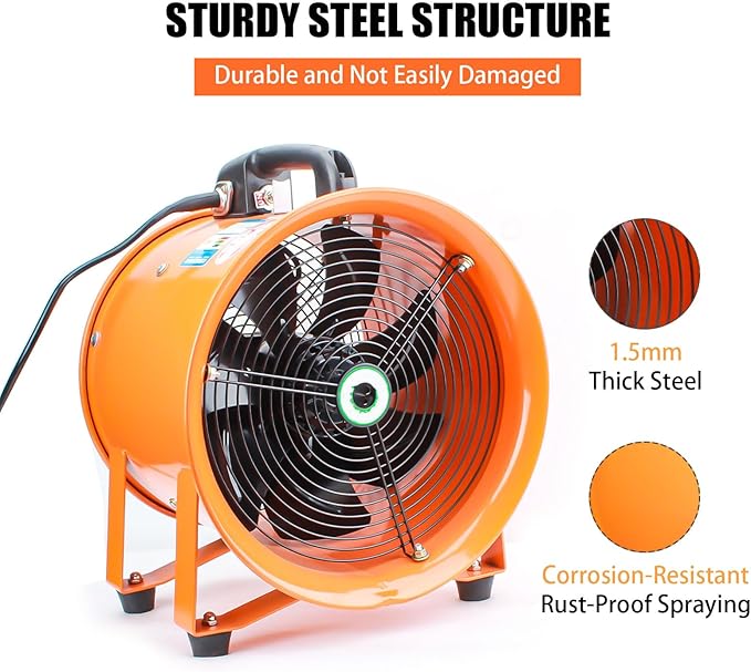 8-Inch High-Velocity Portable Utility Blower Fan, Industrial Exhaust Fan with 33ft Flexible Duct Hose, 3150 RPM Low-Noise Ventilator for Basements, Workshops, Warehouses, and Confined Spaces-PurrikoPets