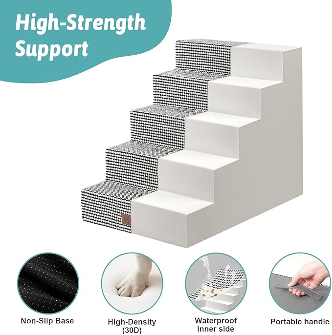 Dog Stairs for Small Dogs, 5 Tier Wider Pet Stairs for High Beds, 23.6" H Non-Slip Dog Steps for Old Cats, Puppies, Small Medium Dogs, 29.5x19.7x23.6 inch, White Black-PurrikoPets