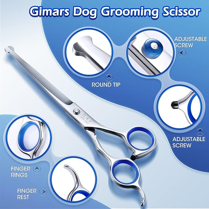 Gimars Professional 5 in 1 Grooming Scissors for Dogs 4CR with Safety Round Tip, Heavy Duty Titanium Coated Straight & Thinning & Curved Shears-PurrikoPets