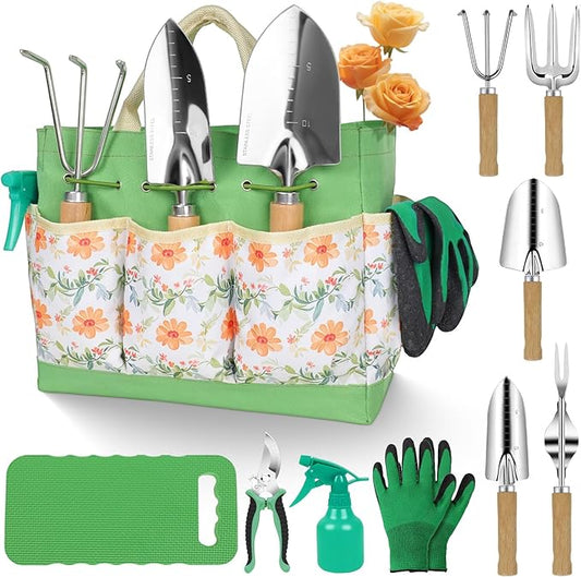 Gardening Tools 10-Piece Heavy Duty Stainless Steel Hand Tools with Durable Garden Tools Storage Tote,Rust-Proof Garden Tool Set, Ideal Gardening Gifts for Women Yellow Floral Pattern Design-PurrikoPets