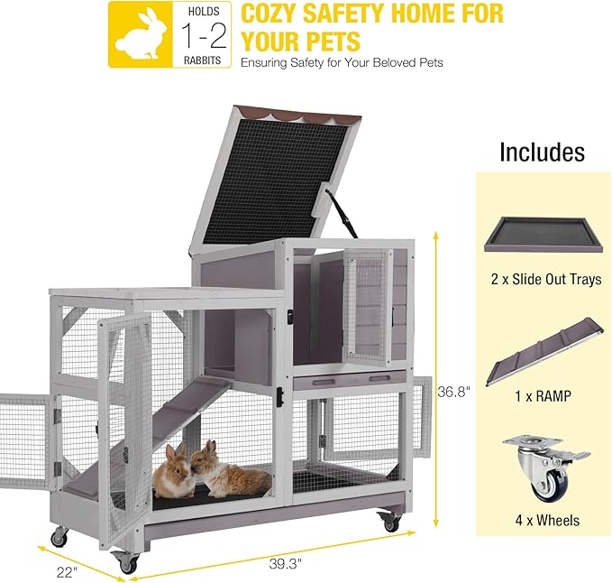 AIVITUVIN 2-Story Rabbit Hutch Indoor for 2-4 Rabbits & Guinea Pigs Wooden Small Animal Cage Guinea with Chew-Proof Design & Slide-Out Trays Bunny Cage with Lockable Wheels-PurrikoPets