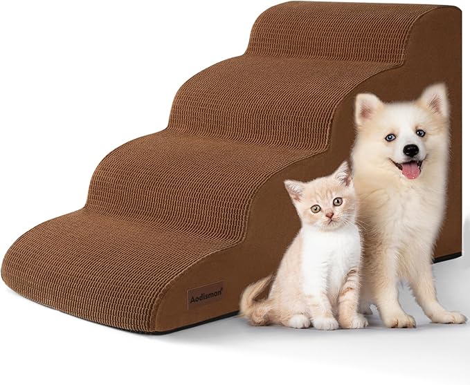 4-Step Dog Stairs and Ramp for Beds or Couches – Non-Slip Sturdy Pet Steps for Small Dogs and Cats,17.4" H,Brown-PurrikoPets