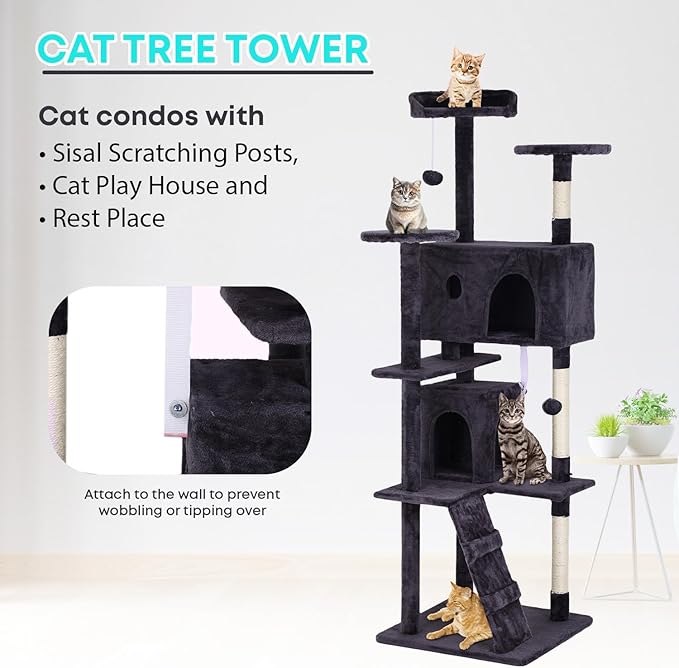 FDW Cat Tree 70in Cat Tower Multi-Level Durable Cat Scratching Post & Cozy Fun Cat Jumping Platform Space Saving Cat Condo Pet Play House for Indoor Cats,Ashy-PurrikoPets