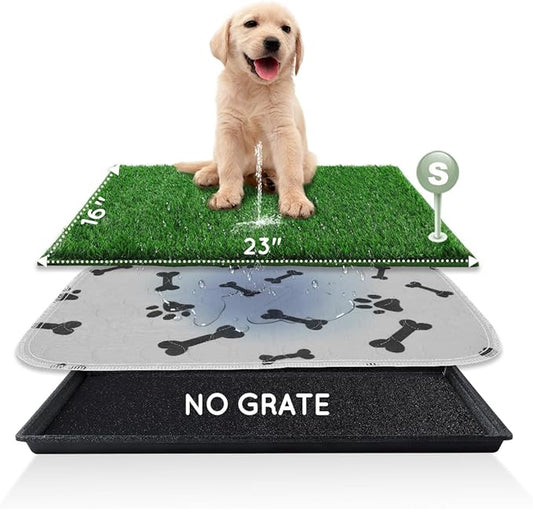 Dog Grass Pad with Tray Small 23" x 16", Ultra-Absorbent Artificial Grass Pad for Dogs Potty(No Grate)Grass Hemmed Edge for Indoor Potty Training Reusable Puppy Pads Dog Litter Box Balcony-PurrikoPets