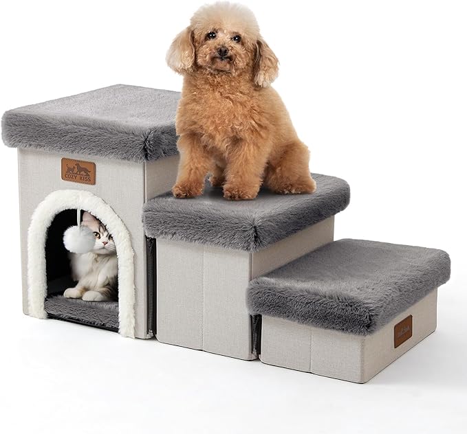 Dog Stairs for Small Dogs with Storage and Condo, 14" H Foldable Pet Stairs for Small Medium or Puppy Dogs and Older Cats, Dog Steps for Bed or Couch, 13x27x14 inch, 3 Tiers, Grey-PurrikoPets
