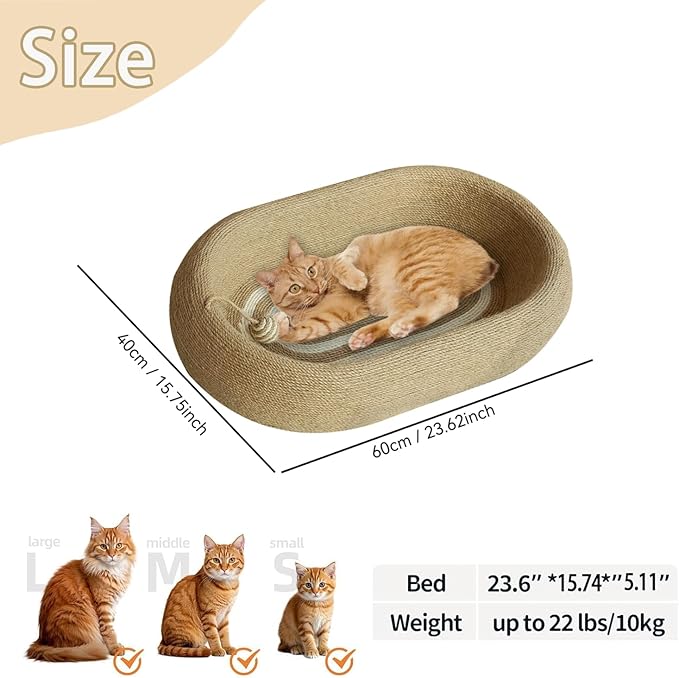 3-in-1 Sisal Scratching Board Bed, for Indoor Cats, Large Oval Cat Scratching Board, Toys for Playing and Nursing Paws (24x15x5 inches) (Large Size, Cat Bed - with Cooling Pad)-PurrikoPets