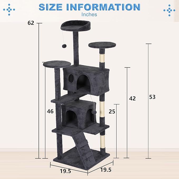 FDW Cat Tree Tower 62in Multi-Level Durable Cat Scratching Post & Cozy Fun Jumping Platform Space Saving Condo Pet Play House for Indoor Cats,Dark Gray-PurrikoPets