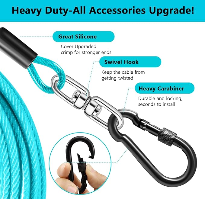 Dog Tie Out Cable 30FT-500Lbs,Heavy Duty Dog Leads Line for Yard with Swivel Hook,Medium Large Dogs Leash&Chains for Outside,Rust Chew Proof Dogs Run Cable for Outdoor Camping (Teal, 30FT)-PurrikoPets