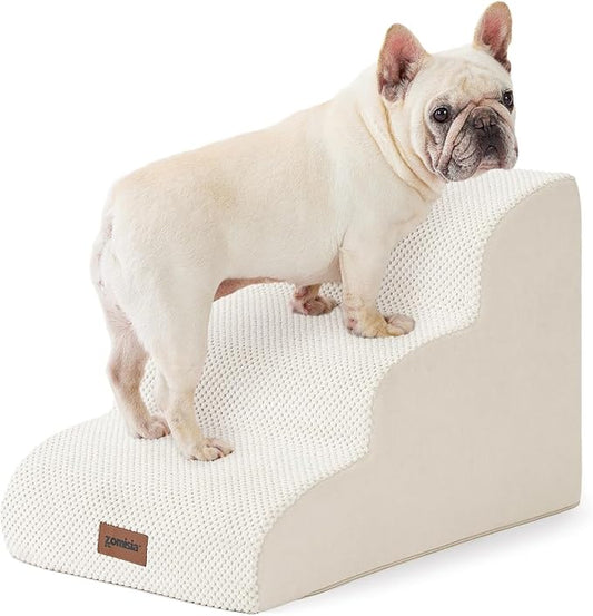 Dog Stairs for Small Dogs - Pet Stairs for Couch and Bed, 35D Foam Dog Steps Ramp with Non-Slip Bottom Beige, 3 Steps-PurrikoPets