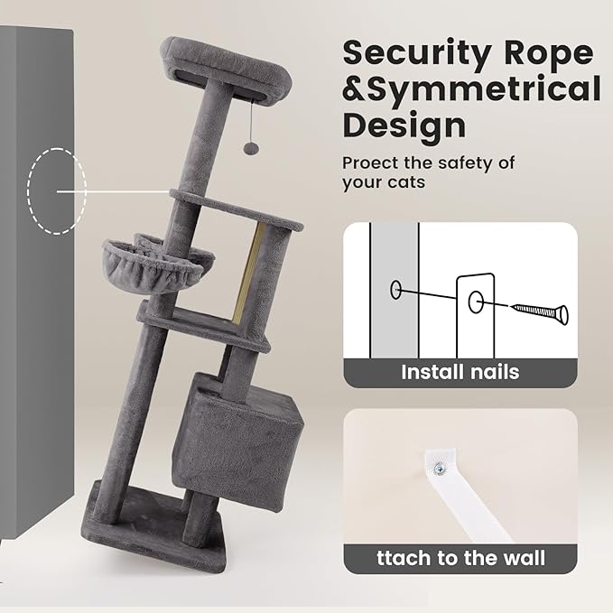 Gardner Pet 65in Heavy Duty Cat Tree Tower for Large Cats, Multi-Level Cat Furniture with Replaceable Sisal Scratching Post, Hammock | Extra-Large Platform & Condo (Upgraded Grey)-PurrikoPets