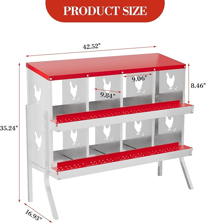 8 Hole Chicken Nesting Box with Roll Out Egg Tray, Rustproof & Ventilated Chicken Laying Boxes for Hens, Chickens, Ducks | Easy-Clean Poultry Coop Accessories, Red with Stand-PurrikoPets