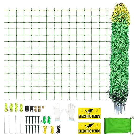Electric Fence Netting,164'Lx49.6"H, Electric Livestock Netting with 14 Double Barbed Poles, Suitable for Pigs, Cows, Sheep and Other Large Animals, Portable Electric Fence for Farms, Ranches-PurrikoPets