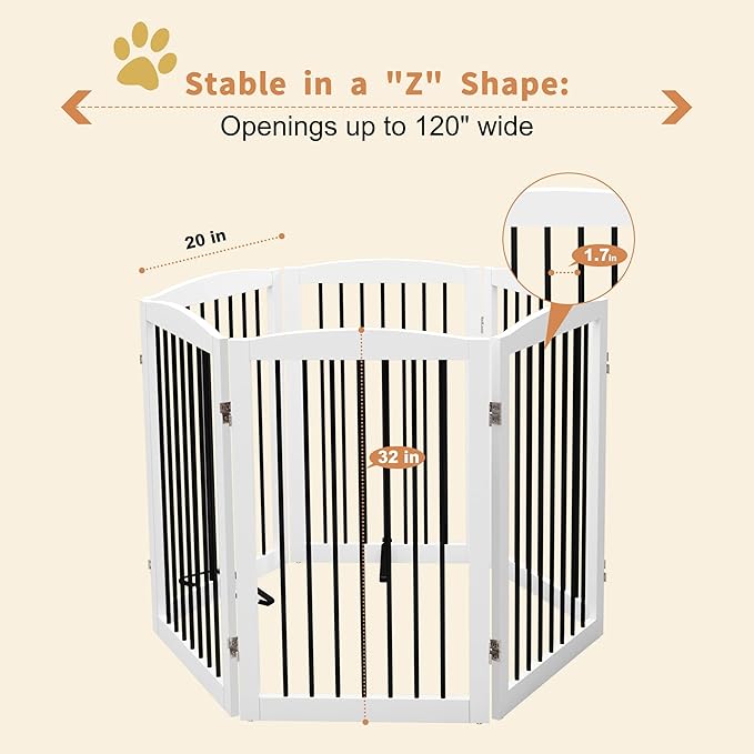 Freestanding Pet Gate for Dogs, Indoor Wooden Foldable Dog Gate for House, Extra Wide, Pet Fence for Stairs, Doorways, Halls, Support Feet Included, 120 Inch Wide, 6 Panels 32",White-PurrikoPets