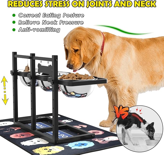 Elevated Dog Bowl Stand for Medium/Large Dogs with Slow Feeder & Mat, Adjustable Height 3.9'',5.5'',7.1'',8.7'',10.2'',11.8'', 58oz Raised Triple Dog Food Water Bowls-PurrikoPets