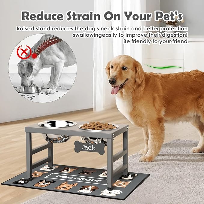 Elevated Dog Bowls, 10" Tall Height, Raised Bowl Stand with 2 Stainless Steel Food Feeder Bowls (58oz) and Spill-Proof Mat for Medium Large and Small Breeds, Grey-PurrikoPets
