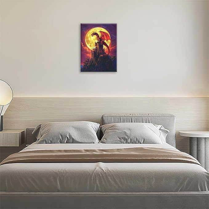 Dragon Bathroom Pictures Wall Art, Red Dragon Castle Bathroom Wall Decor, Framed Painting Canvas Artwork for Bedroom Living Room Decorations 16"L x 12"W-PurrikoPets