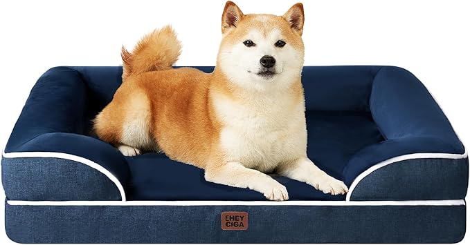 EHEYCIGA Orthopedic Dog Beds for Large Dogs, Waterproof Memory Foam Large Pet Bed with Sides, Non-Slip Bottom and Egg-Crate Foam Dog Couch Bed with Washable Removable Cover, Navy-PurrikoPets