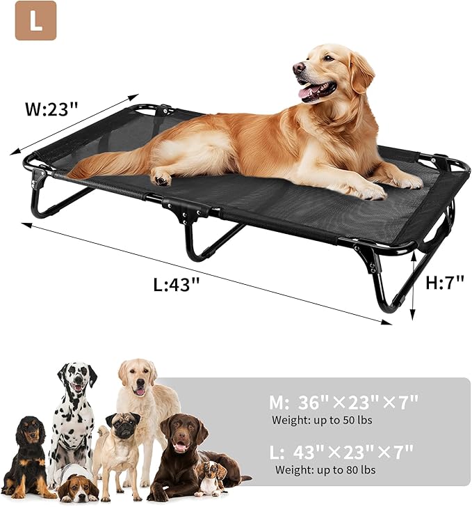 Elevated Dog Bed, Foldable Pet Bed with No Assembly, Cooling Raised Bed with Breathable Mesh, No-Slip Feet Durable Dog Cots Beds for Indoor & Outdoor Use, Black (L:43"x23"x7")-PurrikoPets