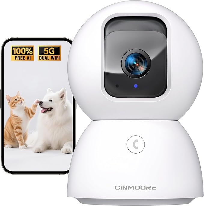 3K Pet/Dog/Cat Camera with Phone App, No-Subscription Local Person/Pet/Face Detection, 5G Security Camera Indoor, PTZ WiFi Cameras for Home Security, 0-Glow Night Vision, Full Duplex Audio-PurrikoPets
