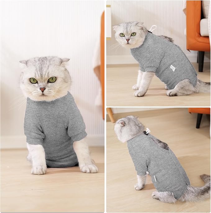 Dotoner Cat Surgery Recovery Suit for Female Male Anti-Licking Pet Surgical Pajamas Long Sleeve Prevent Shedding Cat Spay Recovery Suit&E Collar Alternative Bodysuit for Cats-PurrikoPets