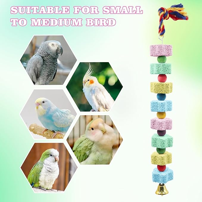 2 Pack Mineral Block Chew Toys with Colorful Beads and a Bell, Bird Beak Grinding Stone, Cage Accessories for African Grey, Budgies, Cockatiels, Small to Medium Birds-PurrikoPets