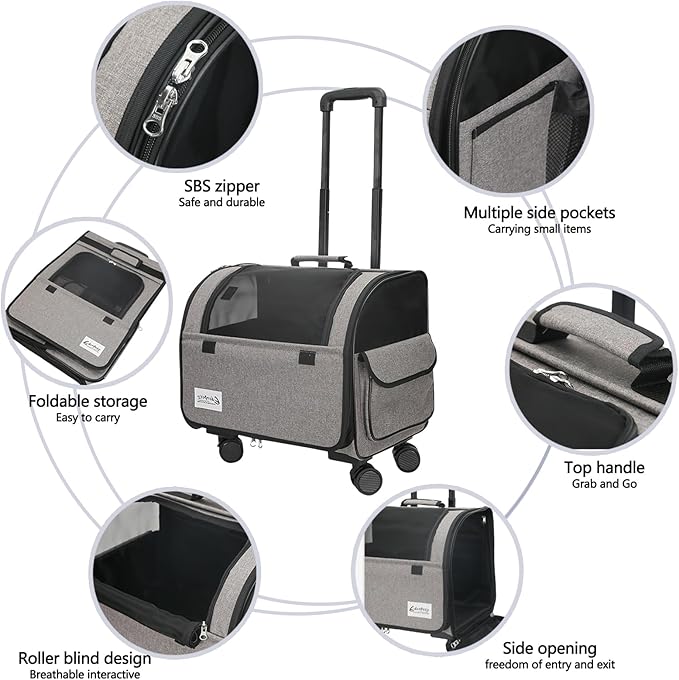 Dog Travel Bag with Removable Rolling Wheels, Airline Approved Pet Carrier, Foldable Cat Bag with Breathable Mesh, Pet Stroller(Grey)-PurrikoPets