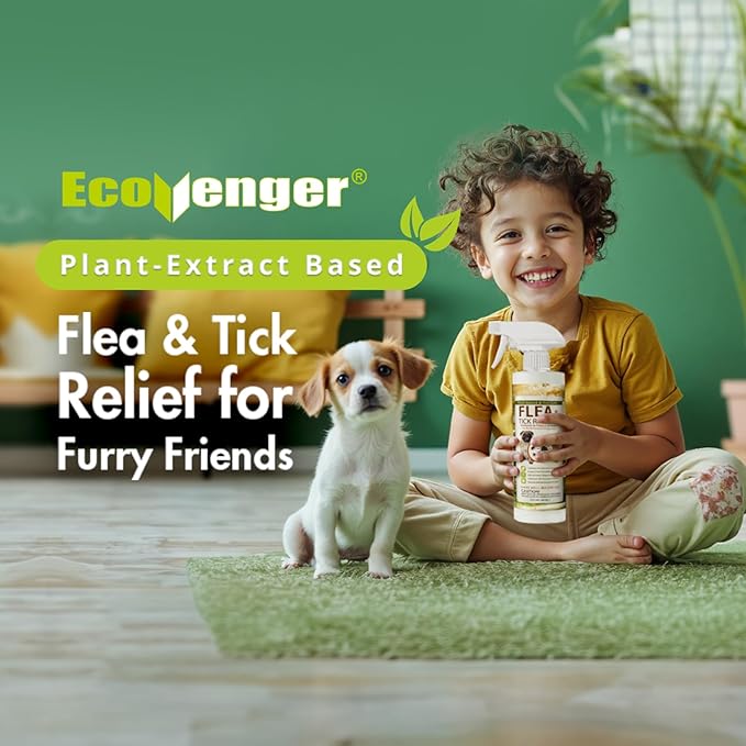 EcoVenger Flea & Tick Removal Spray 16oz for Dogs and Cats, Protects from Fleas, Mites, Ticks & Mosquitoes, eliminates+ Repels+ Housekeeping, Indoors/Outdoors, Plant-Based Formula Safe for Pets & Kids-PurrikoPets
