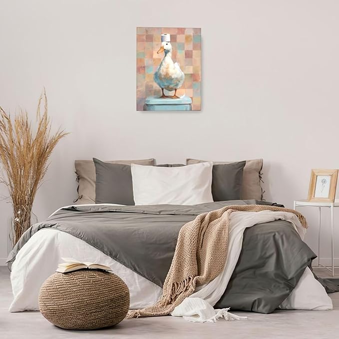 Funny Duck Bathroom Wall Art Cute Duck on Toilet Canvas Wall Decor Funny Quirky Farm Animal Pictures Painting Print Framed Artwork Decorations Gifts for Bathroom 16"x20"-PurrikoPets
