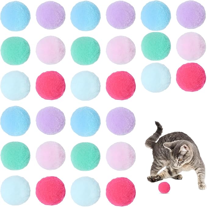 30 Pcs Soft Plush Cat Ball,Cat Toy Balls,Bulk Cats Toys,Puff Balls,Fuzzy Colorful Cats Ball for Pet Playing Exercising-PurrikoPets