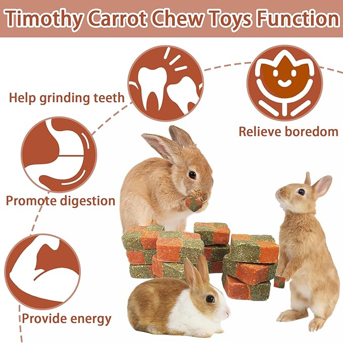 Fhiny 12 PCS Rabbit Carrots Chew Toys, Natural Timothy Hay Biscuit Cubes Rabbit Carrot Molar Treats Small Pet Snacks for Bunny Hamster Chinchilla Guinea Pig or Other Small Animals-PurrikoPets