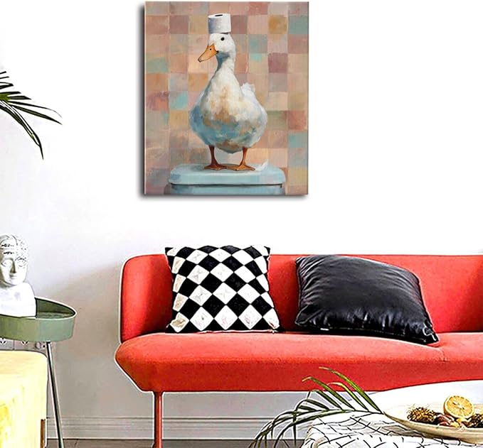 Funny Duck Bathroom Wall Art Cute Duck on Toilet Canvas Wall Decor Funny Quirky Farm Animal Pictures Painting Print Framed Artwork Decorations Gifts for Bathroom 20"x24"-PurrikoPets