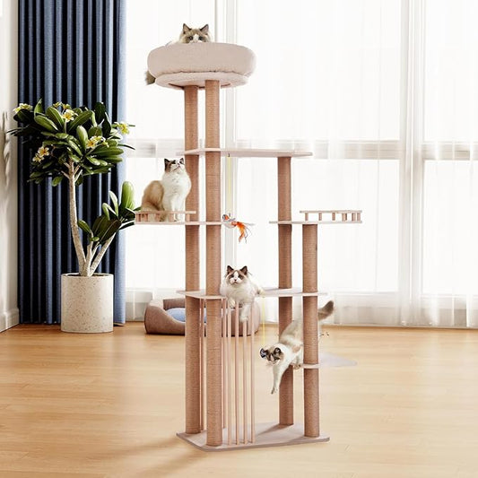 68" Large Cat Tree, Solid Wood Multi-Level Cat Tower with Scratching Posts, Fun Toys, and Washable Plush Platform for Indoor Cats-PurrikoPets