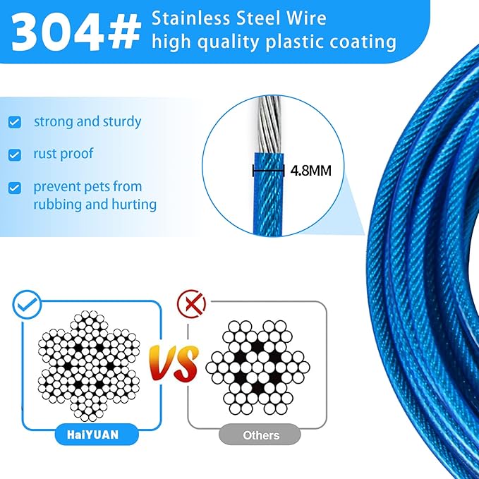 10/15/20/25/30 FT Dog Tie Out Cable - Steel Wire Dog Runner with Durable Clips for Outside Lead - Blue - Up to 165 lbs-PurrikoPets