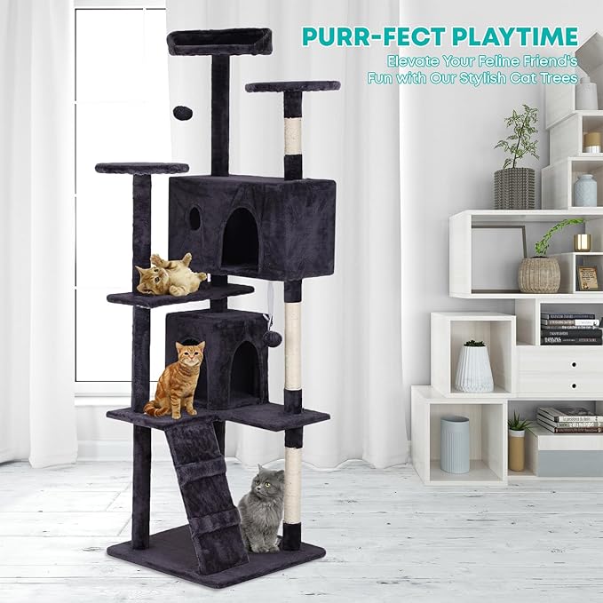 FDW Cat Tree 70in Cat Tower Multi-Level Durable Cat Scratching Post & Cozy Fun Cat Jumping Platform Space Saving Cat Condo Pet Play House for Indoor Cats,Ashy-PurrikoPets