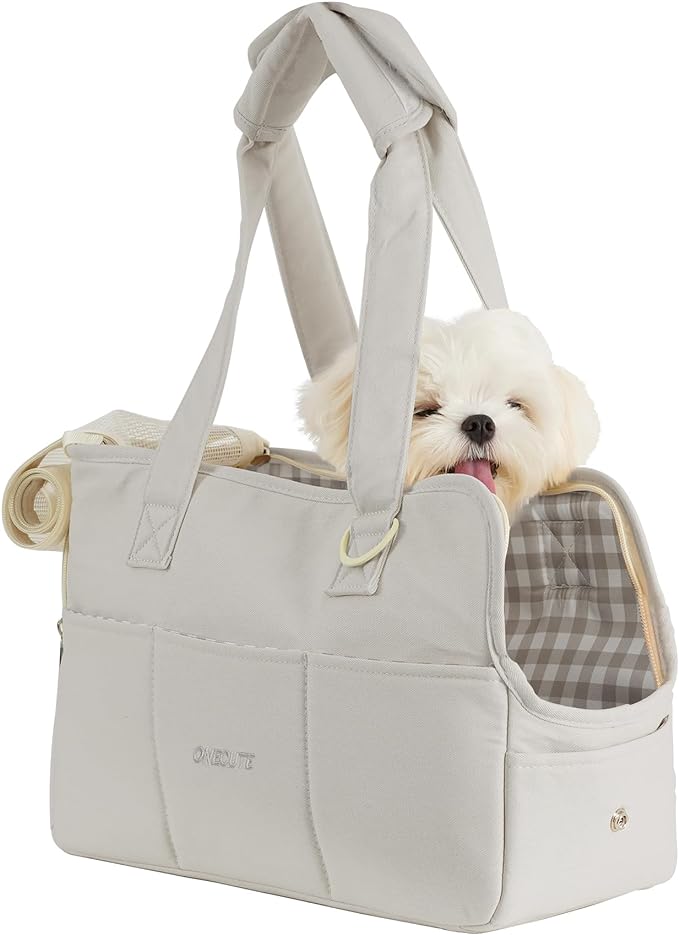 Dog Purse Carrier for Small Dogs Rabbit cat with Large Pockets, Cotton Bag, Dog Carrier Soft Sided, Collapsible Travel Puppy Carrier (Grey, 13.6" L x 6.5" W x 10" H)-PurrikoPets