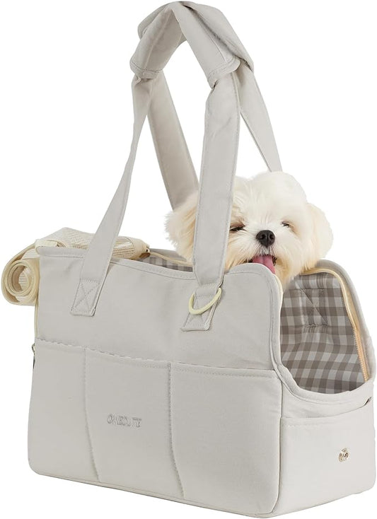 Dog Purse Carrier for Small Dogs Rabbit cat with Large Pockets, Cotton Bag, Dog Carrier Soft Sided, Collapsible Travel Puppy Carrier (Grey, 13.6" L x 6.5" W x 10" H)-PurrikoPets
