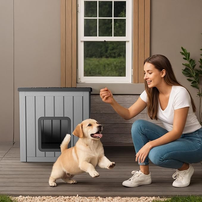 Dog House Small Dog Houses Outdoor with Sloped Roof Waterproof Ventilated Design Easy to Clean Elevated Floor Easy Assembly for Middle Sized Dogs-PurrikoPets