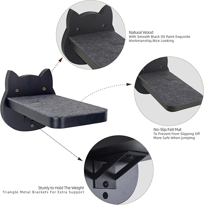 ESPETS Black Painted Solid Wood Cat Wall Climbing Steps Set of 3 - Wall Mounted Cat Floating Furniture Shelves and Perches, Sturdy Climber Stairs Ladders - Holds up 30lbs-PurrikoPets