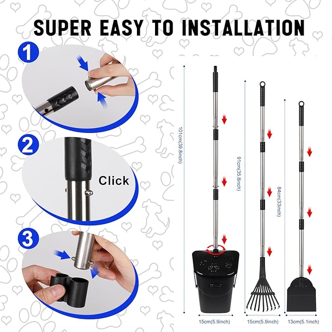 Dog Poop Scooper with 20 Bag Attachment Long Handle Swivel Bin, Rake & Spade Heavy Duty Easy to Clean Pooper Scooper for Large Medium Dogs Pet Waste Removal Solution for Yard, Grass, Gravel-PurrikoPets