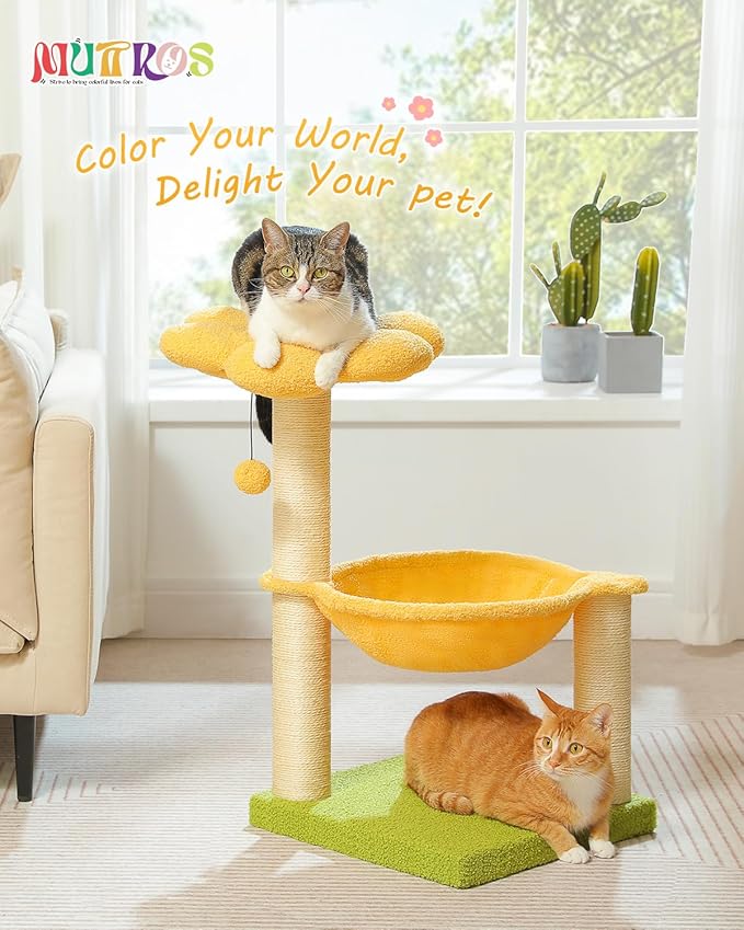 28" Flower Cat Tree Cute with Flower Top Perch, Large Hammock for Indoor Small Cats, Small Cat Tower with Cute Scratching Post and Fur Toy Ball for Kittens, Yellow-PurrikoPets