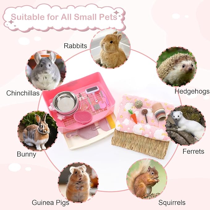 25 Pcs Large Rabbit Starter Kit, Bunny Litter Box with Drawer Animal Grooming Kit Stacking Cups Bowl Blankets Mat with Cleaning Set for Adult Guinea Pig, Ferret, Hamster, Bunnies Accessories (Pink)-PurrikoPets