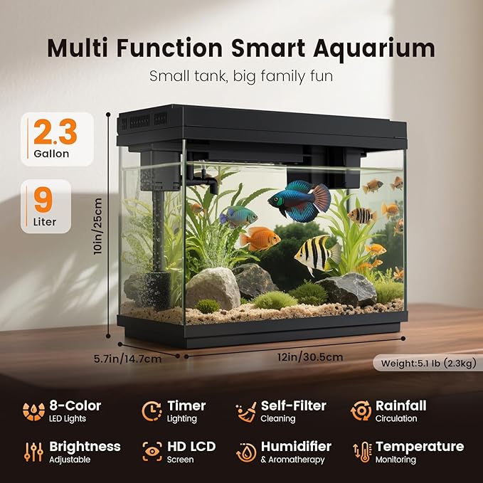 Fishkeeper 2.3G Smart Aquarium - Ultra Clear Glass Fish Tank w/Auto Timer 8-Color RGB Lights, 4-in-1 Self-Cleaning Silent Water Pump, Aromatherapy, Temperature Display, Perfect for Desktop Decor-PurrikoPets