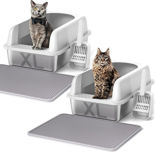 2 Pack Stainless Steel Cat Litter Box with Lid, 24" L x 16" W x 11.8" H, Extra Large Litter Box for Big Cats with High Sided, Anti-Urine Leakage, Easy Cleaning, Include Cat Mat and Scoop-PurrikoPets