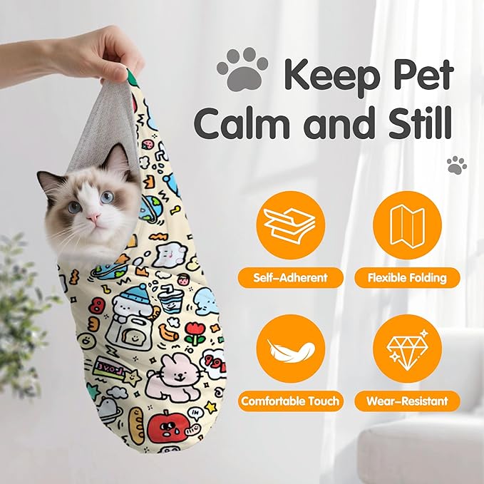 27.6" Large Cat Grooming Wrap, Cat Grooming Supplies, Cat Wrap for Cutting Nails, Self-Adhesive Cat Grooming Bag for Cats Within 15lbs Cat Restraint for Nail Clipping, Medicine Taking(Yellow)-PurrikoPets