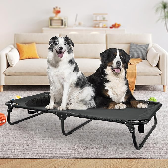 Elevated Dog Bed Large Sized Dog Cots Beds for Large Dogs Foldable Raised Dogs Beds Outdoor Cooling Chew-Proof, No Assembly Need, Black-PurrikoPets