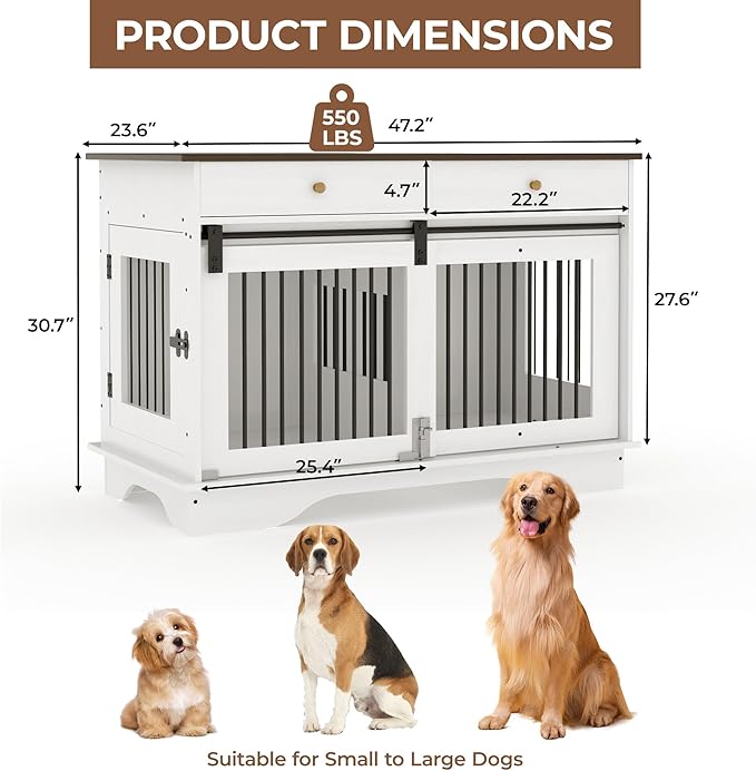Dog Furniture Crate, 47" Large Dog Crate Furniture w/ 2 Storage Draws & Removable Divider for Large/Medium/Small Dogs (White, Double Cage)-PurrikoPets