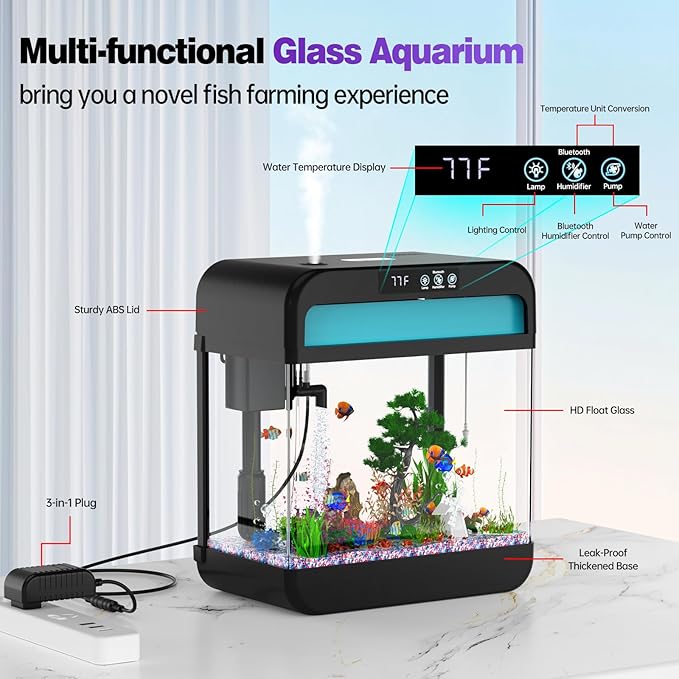 Fish Tank 2.2 Gallon Fish Aquarium with Music Humidifier 7 Color Auto-Looping Light Adjustable Water Pump with Filtration & Aeration & Circulation, Temperature Display, Bottom Water Changer-PurrikoPets